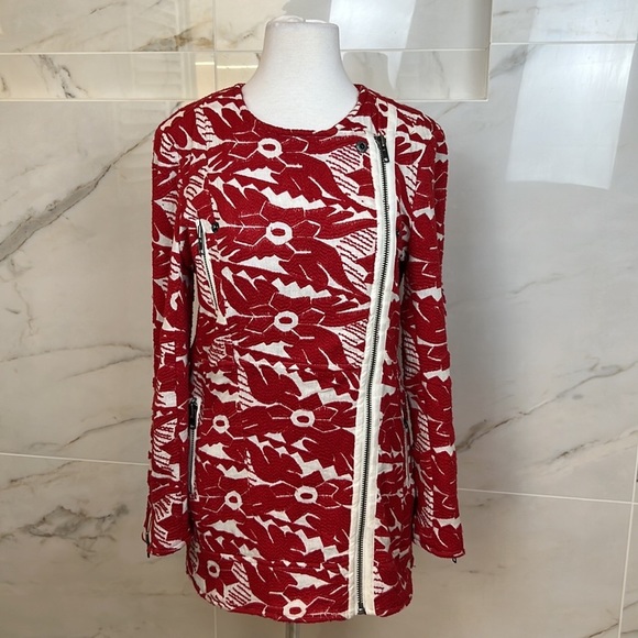 Free People Devil’s Alley Red and White embroidered moto jacket - Picture 5 of 13